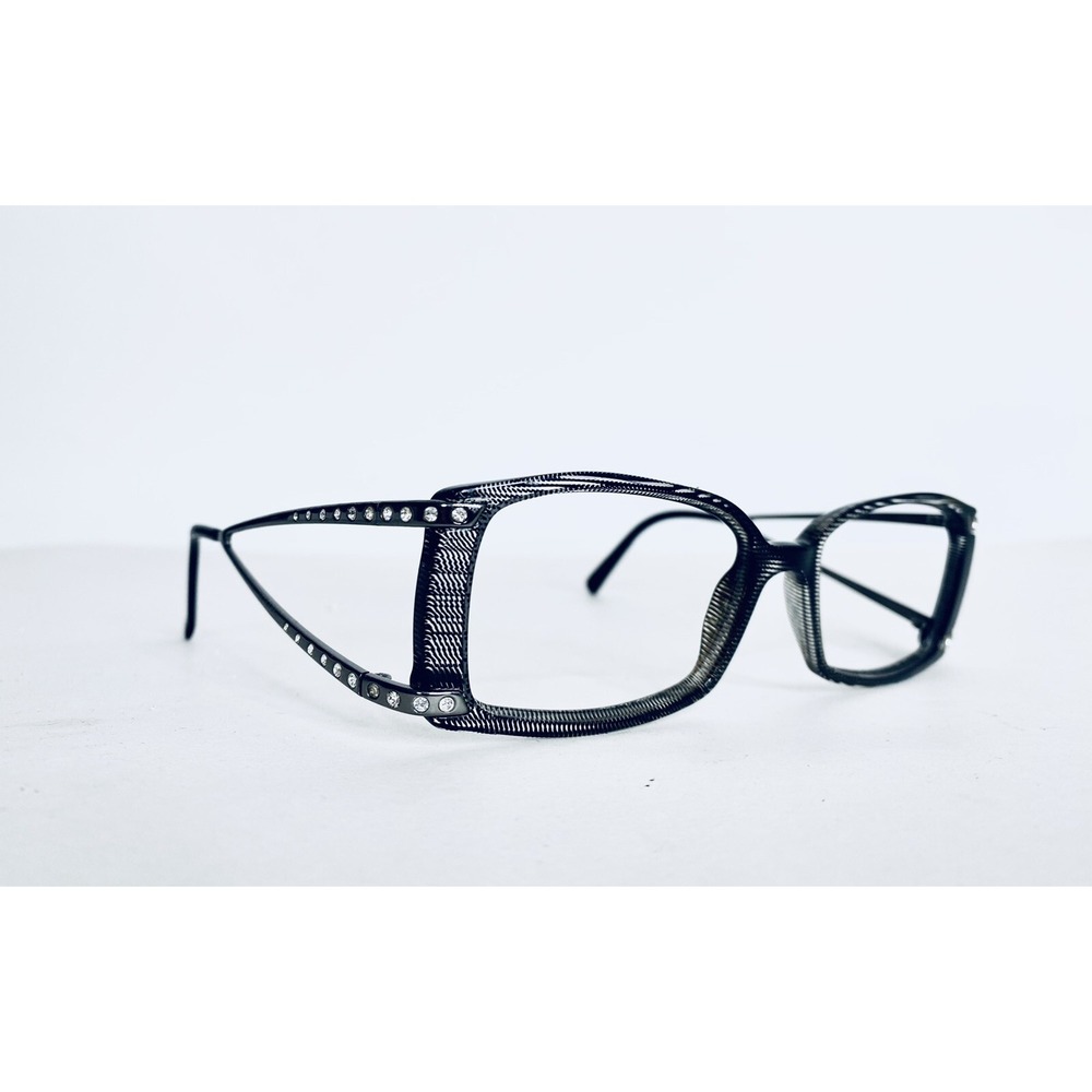 VTG Versace Black Clear Stripped Rectangular Glasses Wide Metal Temple 52 16 130